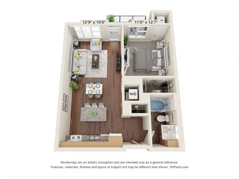 Floor plan for 1 bed, 1 bath, 723 sqft